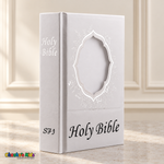 Large English Holy Bible with white hardcover and silver floral details, with blank ornate photo window