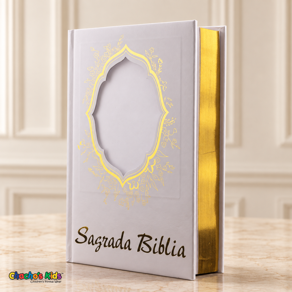 Large Spanish Holy Bible with white cover and gold details — front view with blank portrait window and reflective page edges