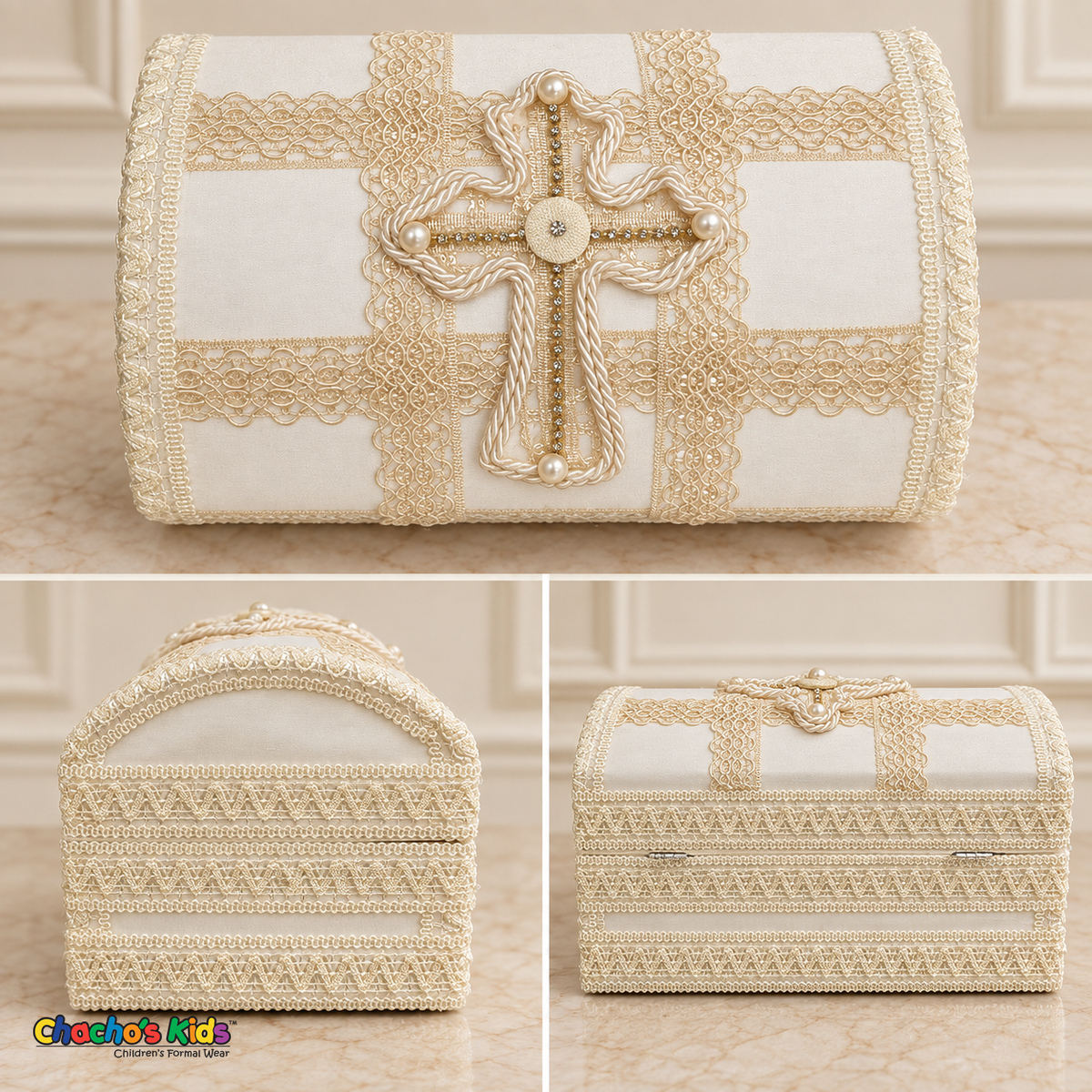 Three views of the ivory baptism keepsake chest showing the decorated cross lid, rounded end, and hinged back.