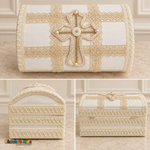 Three views of the ivory baptism keepsake chest showing the decorated cross lid, rounded end, and hinged back.