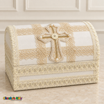 Ivory fabric-covered wooden baptism keepsake chest with champagne lace, cord cross, pearl-like accents, and rhinestones.