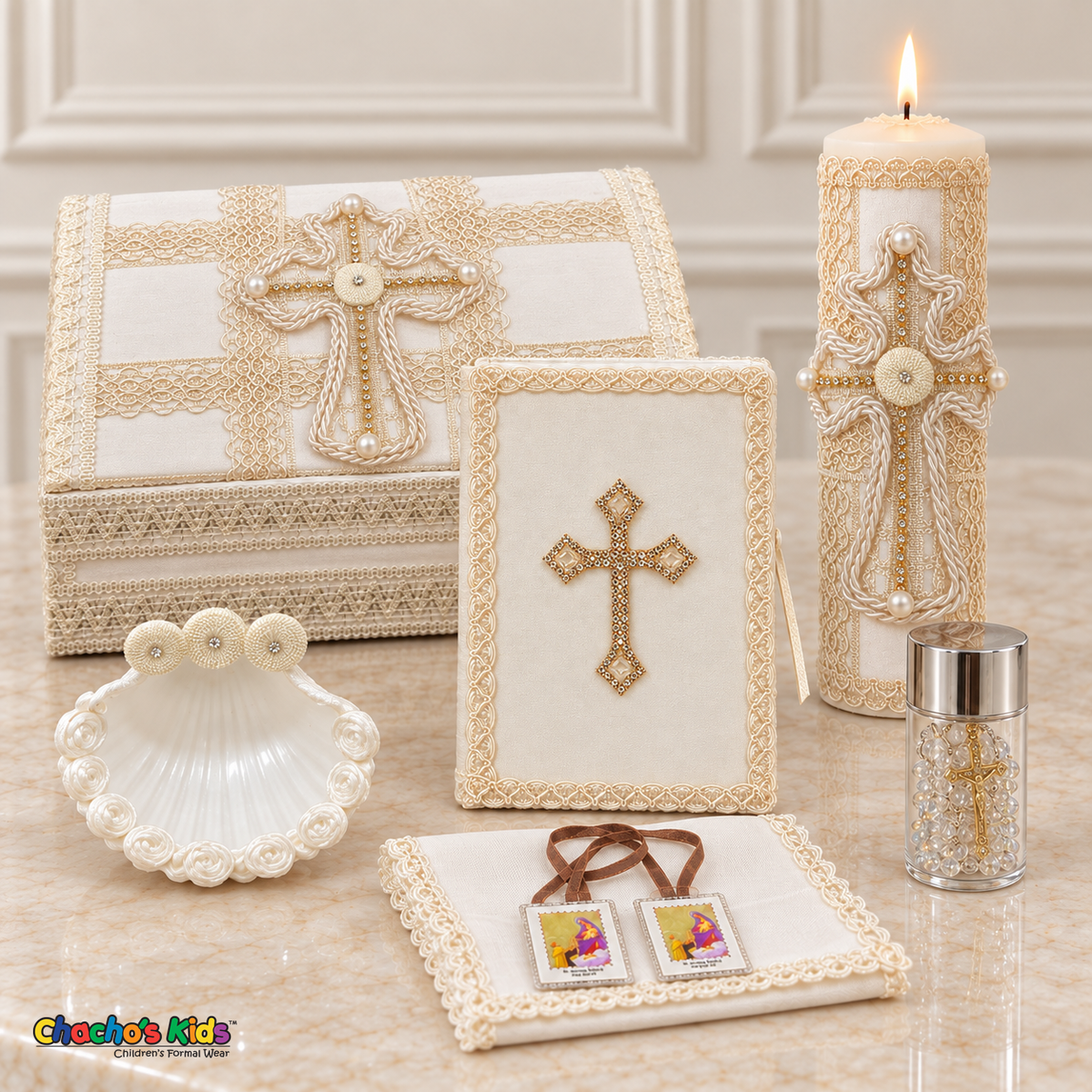 Complete seven-piece ivory boys baptism set with cross keepsake chest, lit candle, Bible, shell, rosary jar, brown-ribbon scapular, and handkerchief.