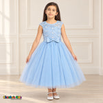 Baby Blue KE07 floral embroidered tulle dress on a child model, front view showing the sheer floral bodice, satin bow and tea-length skirt.