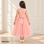 Blush KE07 floral embroidered tulle dress on the same child model, back view showing floral embroidery, zipper and satin tie-back bow.