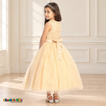 Champagne KE07 floral embroidered tulle dress on the same child model, rear three-quarter view showing the satin tie-back sash.