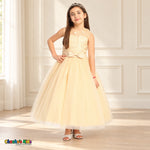 Champagne KE07 floral embroidered tulle dress on a child model, front view with satin waist bow and tea-length skirt.