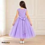 Lilac KE07 floral embroidered tulle dress on the same child model, back view showing the floral bodice, back zipper and satin sash with hanging tails.