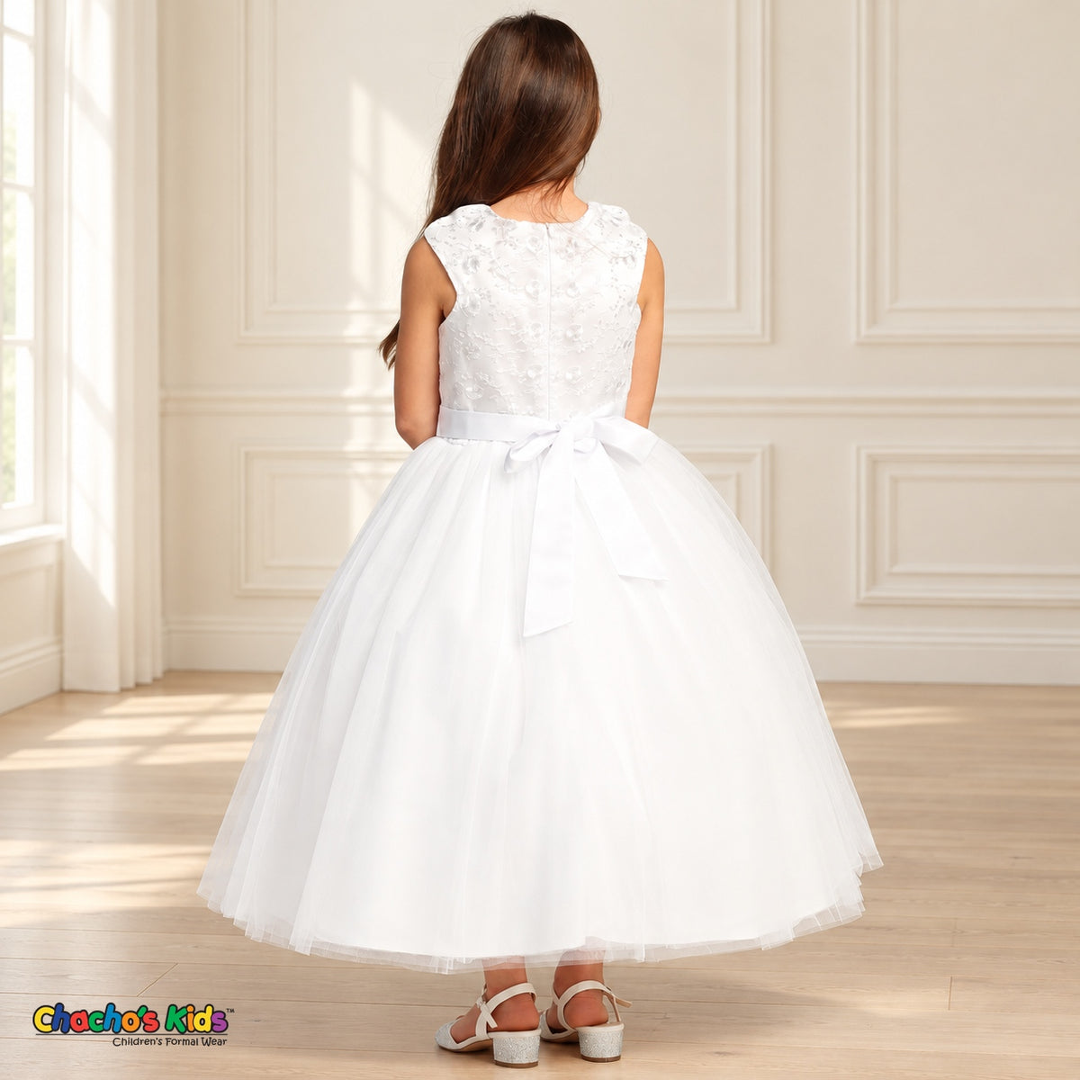 White KE07 floral embroidered tulle dress on the existing child model, back view showing embroidered bodice, zipper and satin sash bow.