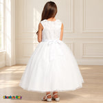 White KE07 floral embroidered tulle dress on the existing child model, back view showing embroidered bodice, zipper and satin sash bow.