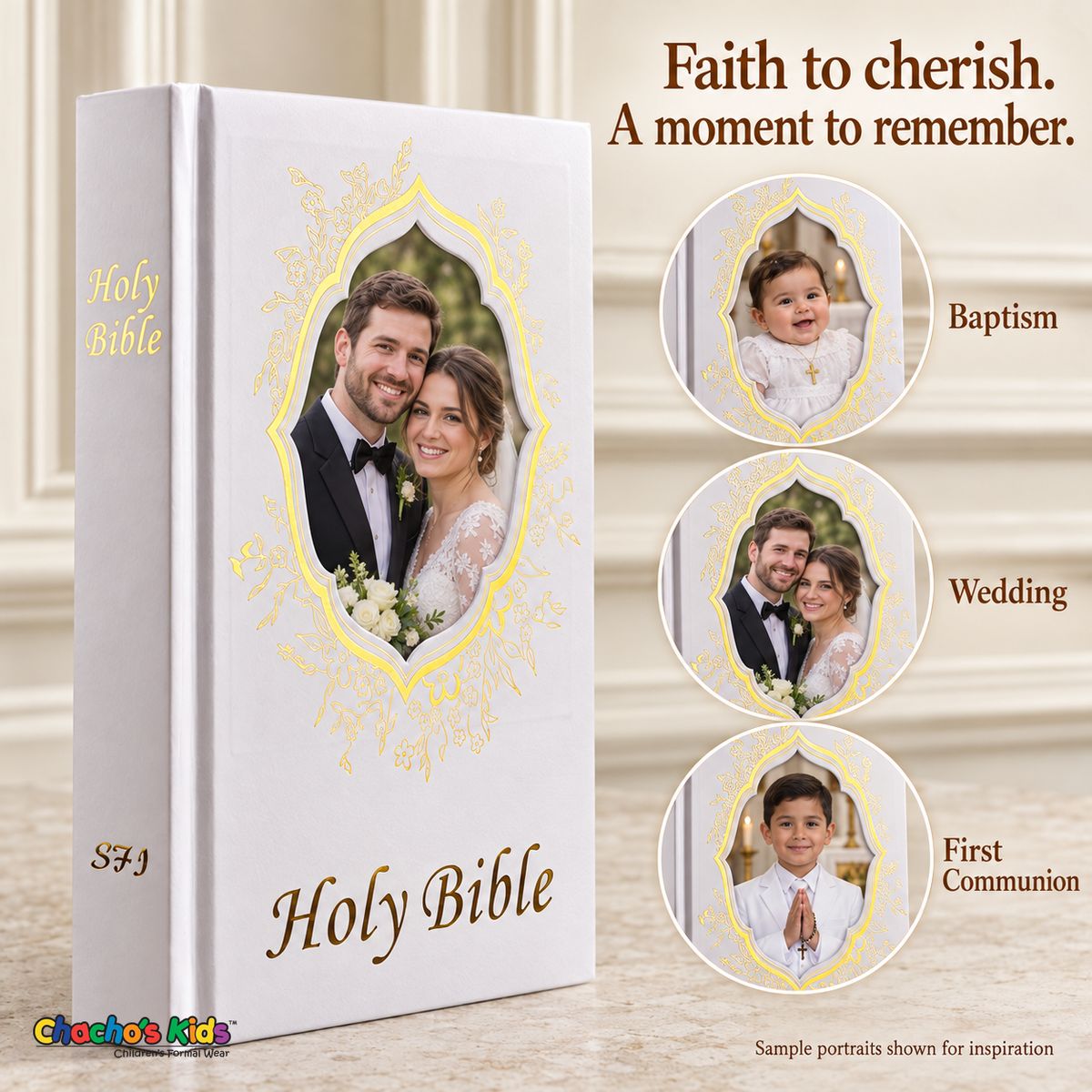 Large english gold Holy Bible — Faith to cherish, with sample baptism, wedding and First Communion portraits