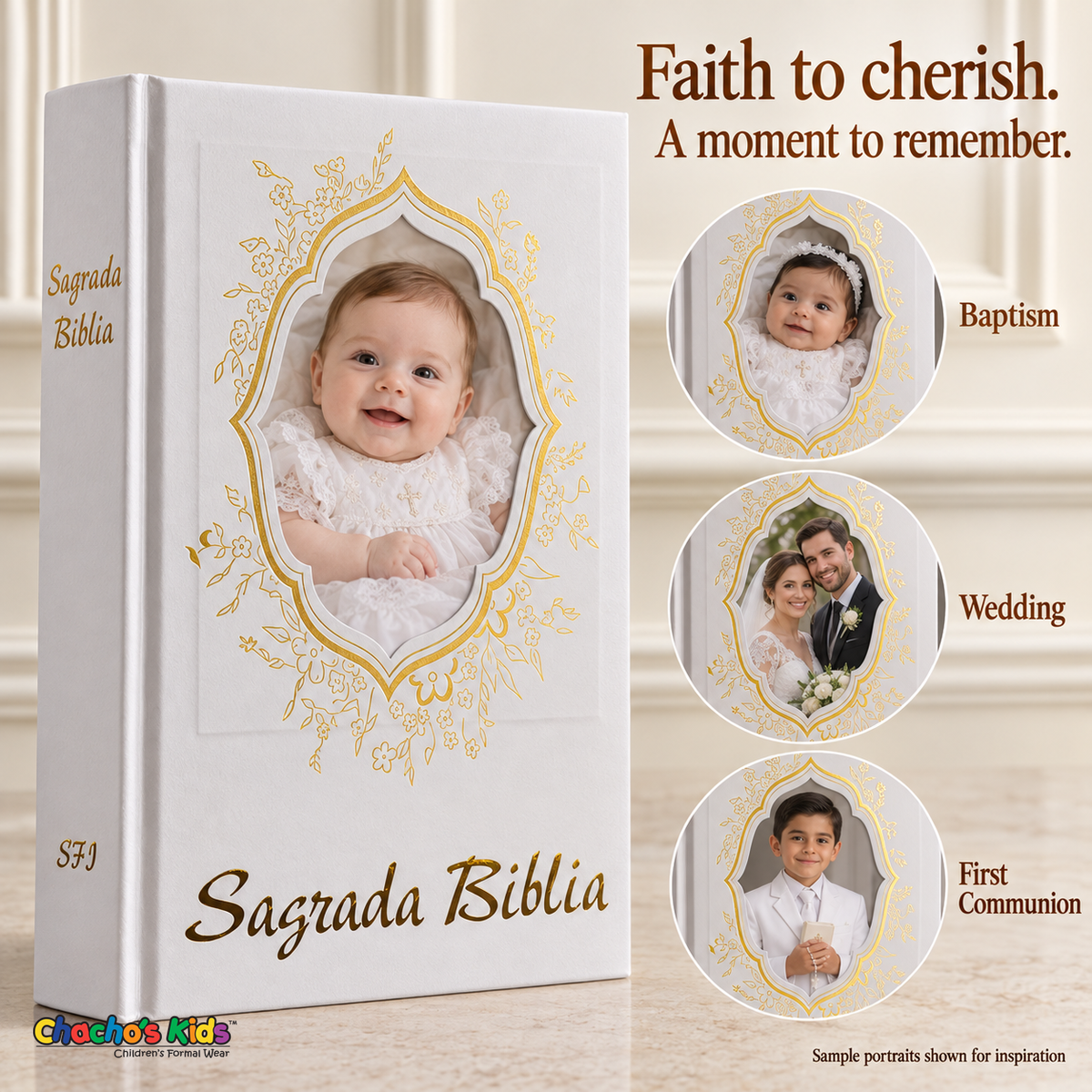 Large spanish gold Holy Bible — Faith to cherish, with sample baptism, wedding and First Communion portraits
