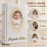 Large spanish gold Holy Bible — Faith to cherish, with sample baptism, wedding and First Communion portraits