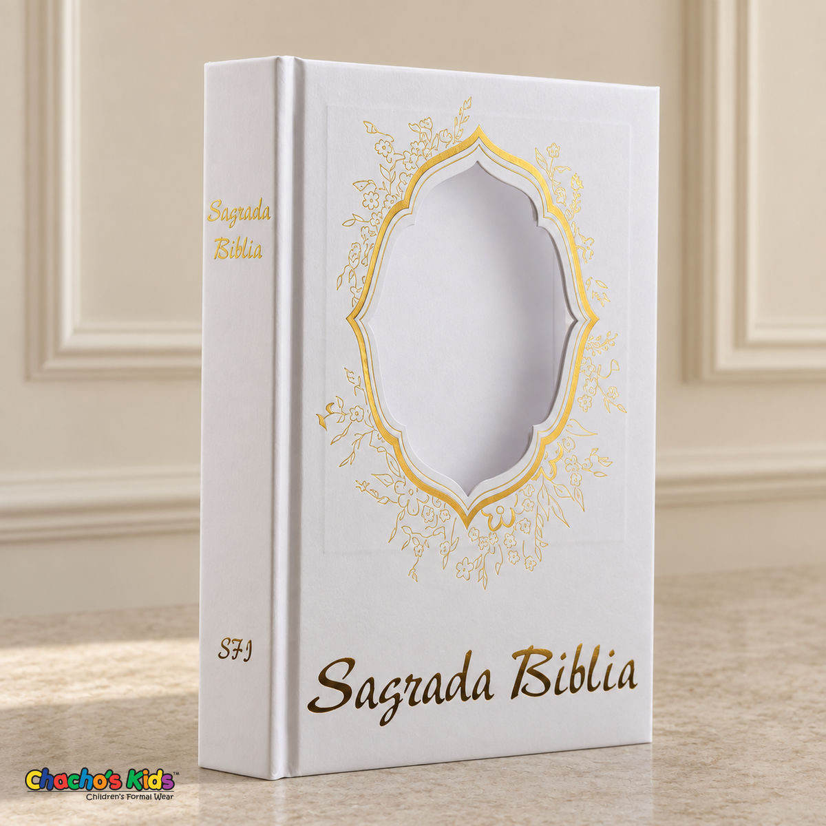 Large spanish gold Holy Bible — blank photo window
