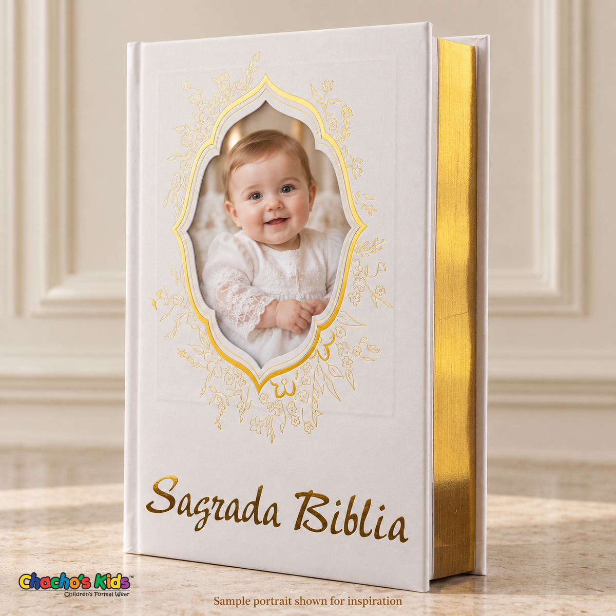 Large spanish gold Holy Bible — sample baptism portrait