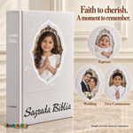 Large spanish silver Holy Bible — Faith to cherish, with sample baptism, wedding and First Communion portraits