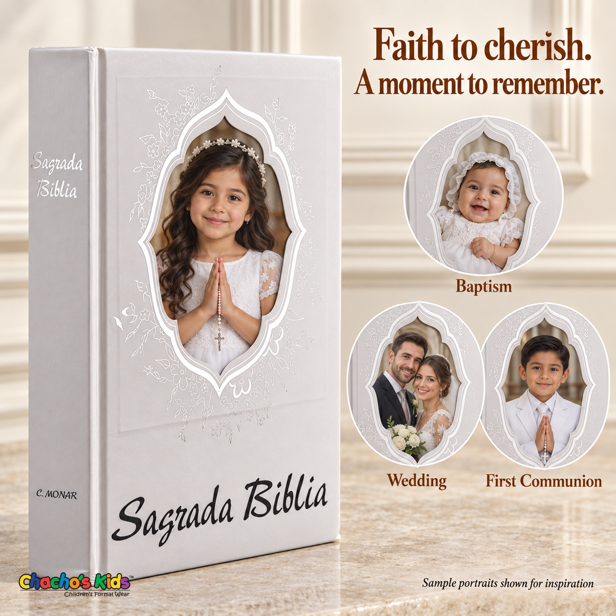Large spanish silver Holy Bible — Faith to cherish, with sample baptism, wedding and First Communion portraits