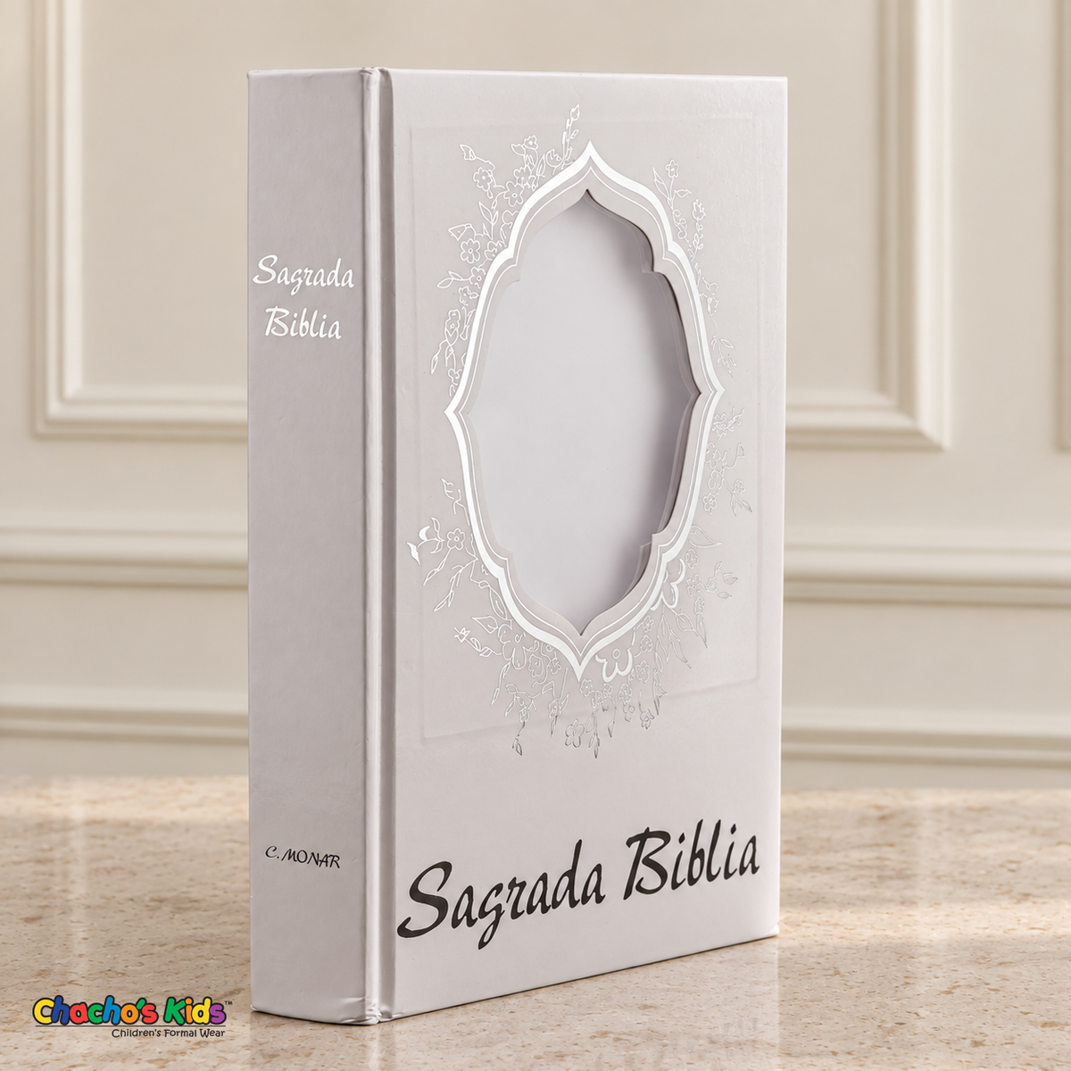 Large spanish silver Holy Bible — blank photo window