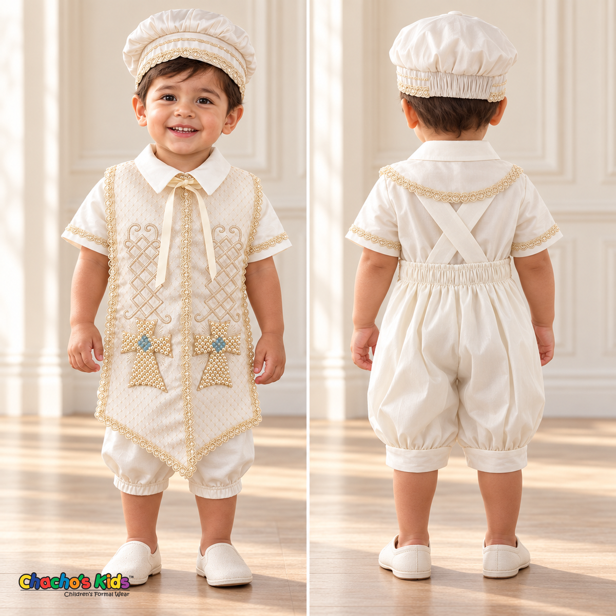 Ivory Otto boys baptism four-piece outfit, ivory front back detail showing the matching hat, shirt, romper and embroidered stole.