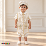 Ivory Otto boys baptism four-piece outfit, ivory full front showing the matching hat, shirt, romper and embroidered stole.