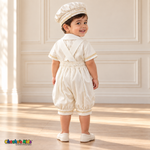 Ivory Otto boys baptism four-piece outfit, ivory romper back showing the matching hat, shirt, romper and no stole.