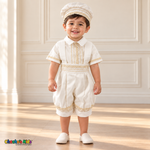 Ivory Otto boys baptism four-piece outfit, ivory romper front showing the matching hat, shirt, romper and no stole.