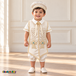 Ivory Otto boys baptism four-piece outfit, ivory stole front detail showing the matching hat, shirt, romper and embroidered stole.
