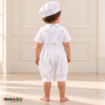 White Otto boys baptism four-piece outfit, white back showing the matching hat, shirt, romper and embroidered stole.