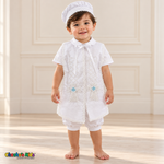 White Otto boys baptism four-piece outfit, white full front showing the matching hat, shirt, romper and embroidered stole.