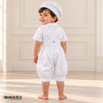 White Otto boys baptism four-piece outfit, white romper back showing the matching hat, shirt, romper and no stole.