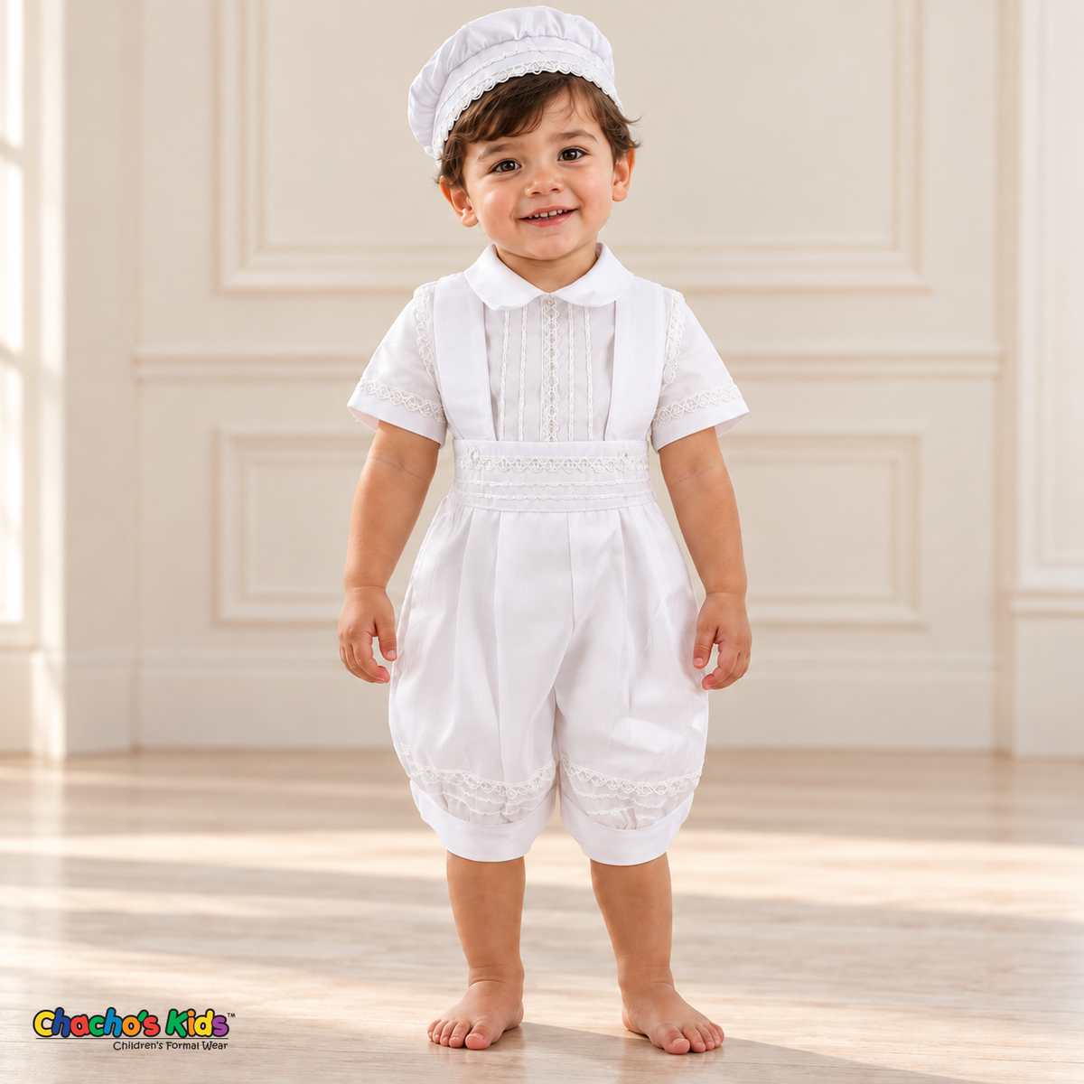 White Otto boys baptism four-piece outfit, white romper front showing the matching hat, shirt, romper and no stole.