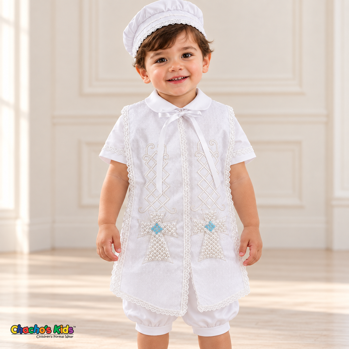 White Otto boys baptism four-piece outfit, white stole front detail showing the matching hat, shirt, romper and embroidered stole.