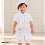White Otto boys baptism four-piece outfit, white stole front detail showing the matching hat, shirt, romper and embroidered stole.