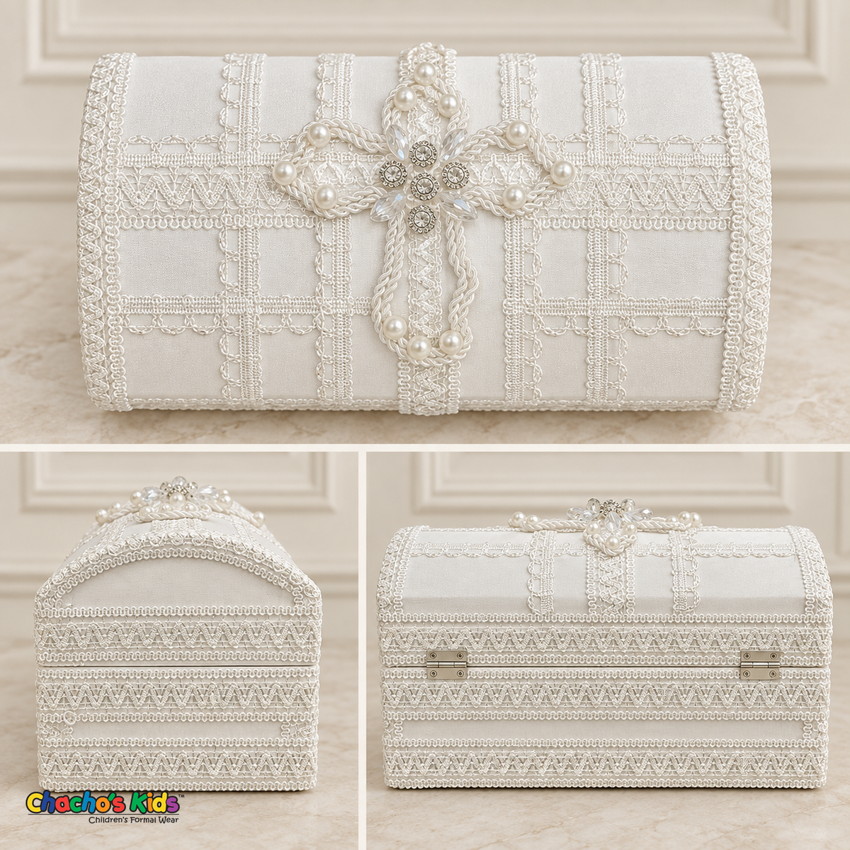 Three views of the pearl and crystal cross baptism keepsake chest showing the decorated lid, rounded end, and back.
