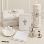 Seven-piece pearl and crystal cross boys baptism set with keepsake chest, lit candle, Bible, shell, rosary jar, scapular, and handkerchief.