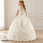 Back view of the ivory Victorian Heirloom Embroidered Dress R130, showing the V-shaped neckline, zipper and oversized bow with champagne flower center.