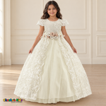 Front view of the ivory Victorian Heirloom Embroidered Dress R130, with scalloped sleeves, champagne waist flowers and an open-front embroidered overskirt.