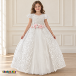 Front view of the white Victorian Heirloom Embroidered Dress R130, with scalloped sleeves, pink waist flowers and an open-front embroidered overskirt.
