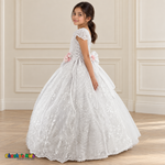 Side view of the white Victorian Heirloom Embroidered Dress R130, showing adjustable side lacing, floral embroidery and the long layered skirt.