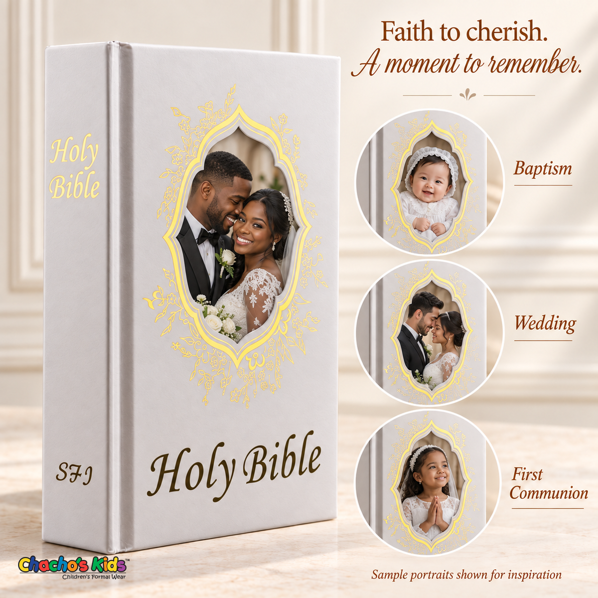 Small English Holy Bible with white hardcover and gold-tone details, with sample baptism, wedding, and First Communion portraits