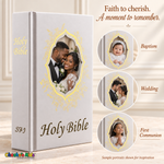 Small English Holy Bible with white hardcover and gold-tone details, with sample baptism, wedding, and First Communion portraits