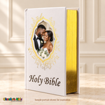 Small English Holy Bible with white hardcover and gold-tone details, with a sample portrait and reflective page edges