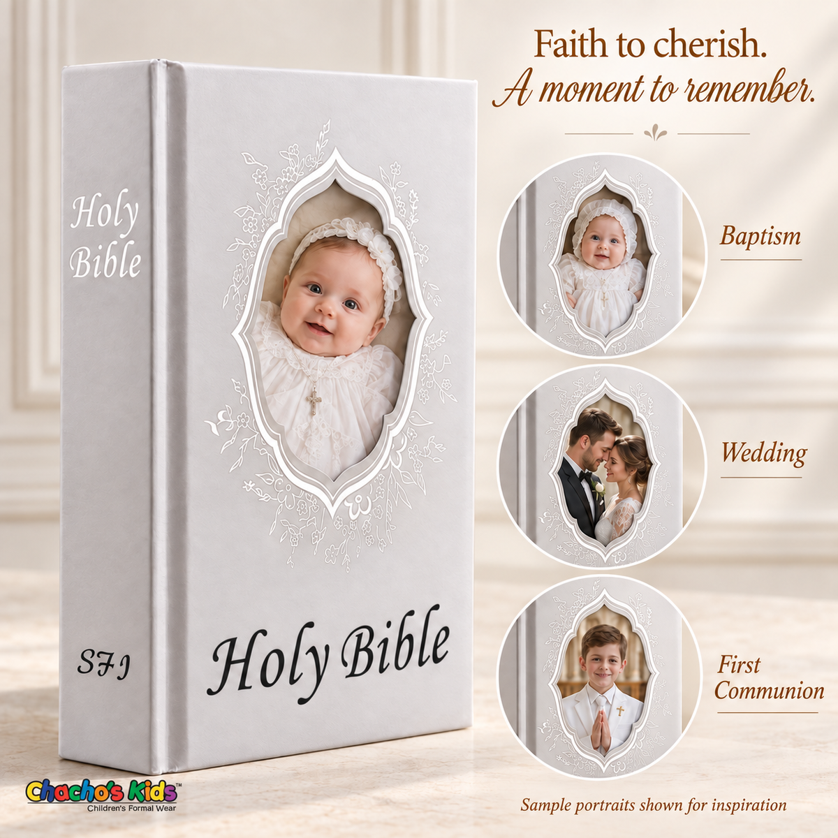 White and silver English Holy Bible with sample baptism, wedding and First Communion portraits in its front photo window.