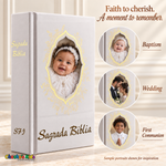 Small Spanish Holy Bible with white hardcover and gold-tone details, with sample baptism, wedding, and First Communion portraits