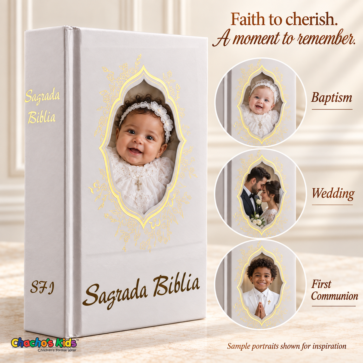 Small Spanish Holy Bible with white hardcover and gold-tone details, with sample baptism, wedding, and First Communion portraits