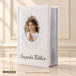 Small Spanish Holy Bible with white hardcover and silver-tone details, with a sample portrait and reflective page edges