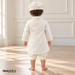 Tony ivory boys baptism outfit, back view showing plain long coat, lace-trimmed cuffs and matching cap