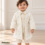 Tony ivory five-piece boys baptism outfit, coat front detail with embroidered coat and lace trim