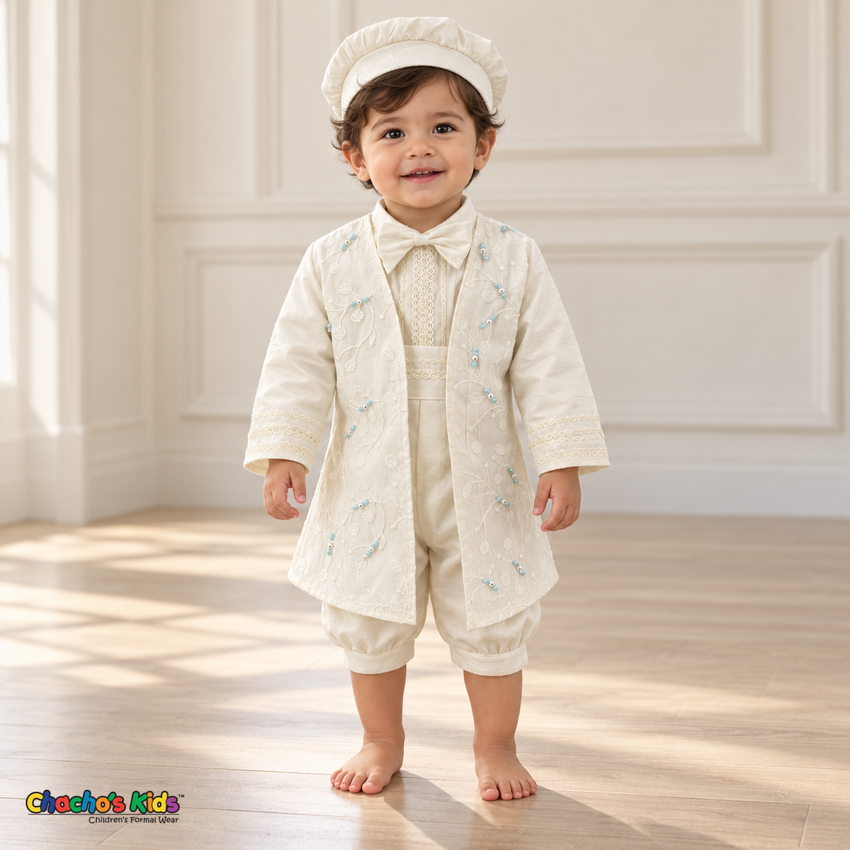 Tony ivory five-piece boys baptism outfit, full front with embroidered coat and lace trim