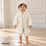 Tony ivory five-piece boys baptism outfit, full front with embroidered coat and lace trim