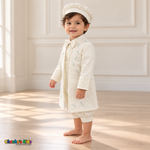 Tony ivory five-piece boys baptism outfit, right side with embroidered coat and lace trim